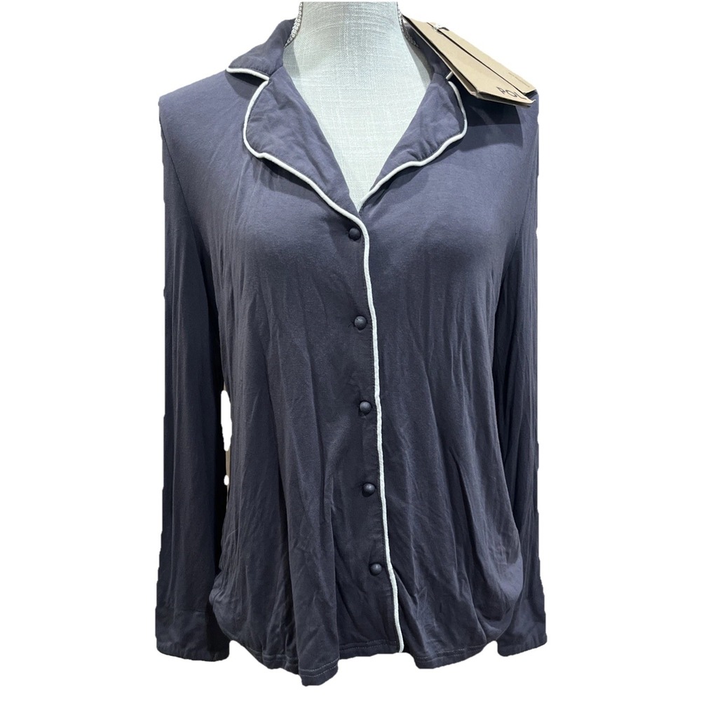 POL Womens Small Gray Button Up Pajama Top Soft Long Sleeve White Trim Lounge